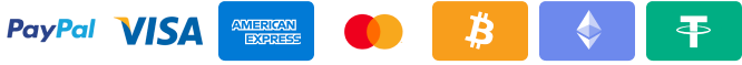 Accepted payment methods including PayPal, Visa, Mastercard, American Express, Bitcoin, Ethereum, and Tether